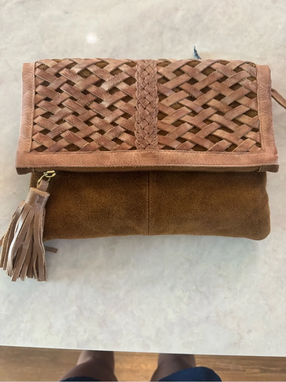 Braided Suede Fold-Over Clutch - Brown
